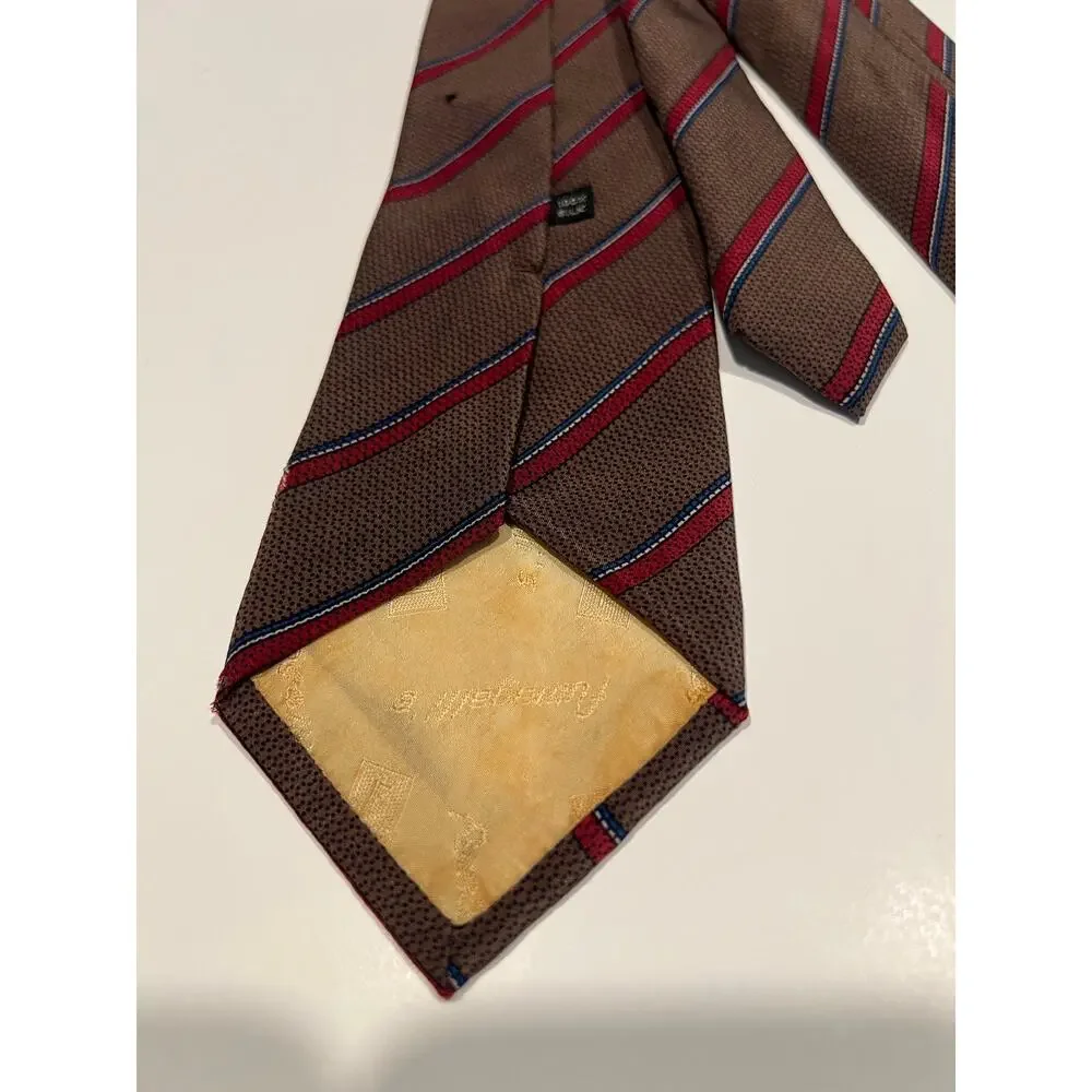 Vintage Bespoke 100% Silk Necktie Brown Red Blue Stripes JL